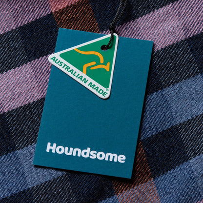 Galah merino wool fabric close up with Australian made logo and houndsome swing ticket