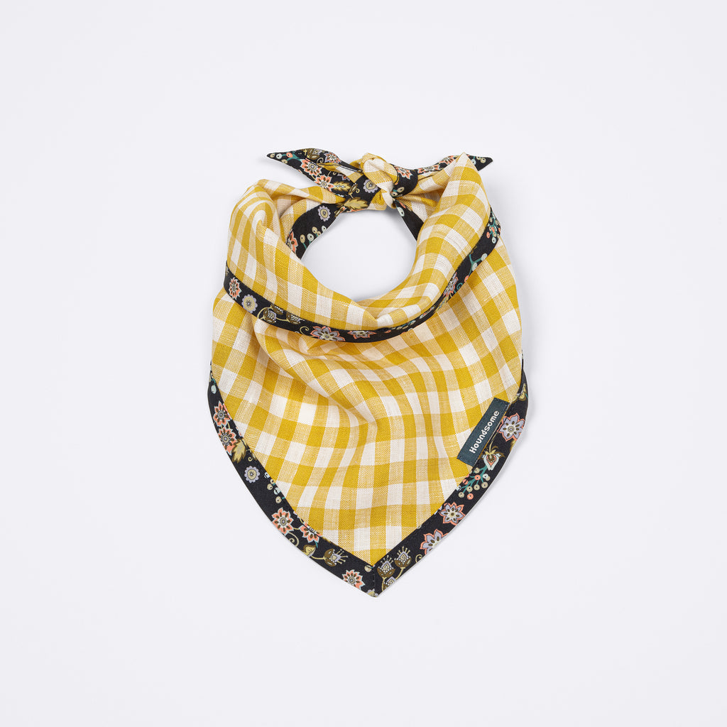 Dog Cravat Canary Gingham with Liberty Buds & Berries Trim
